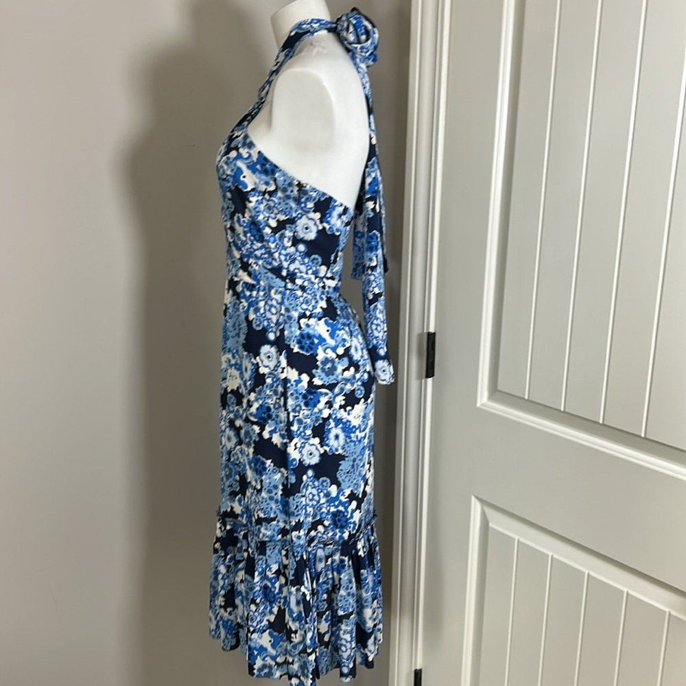 Tory Burch Silk Halter Neck Midi Dress Blue Floral Side Zip Pleated Sz 4 - Picture 6 of 16